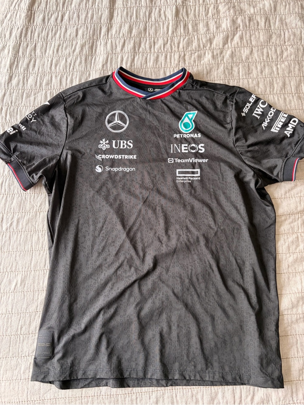 Mercedes AMG Petronas Black Team Polo with Red-Trim Collar
